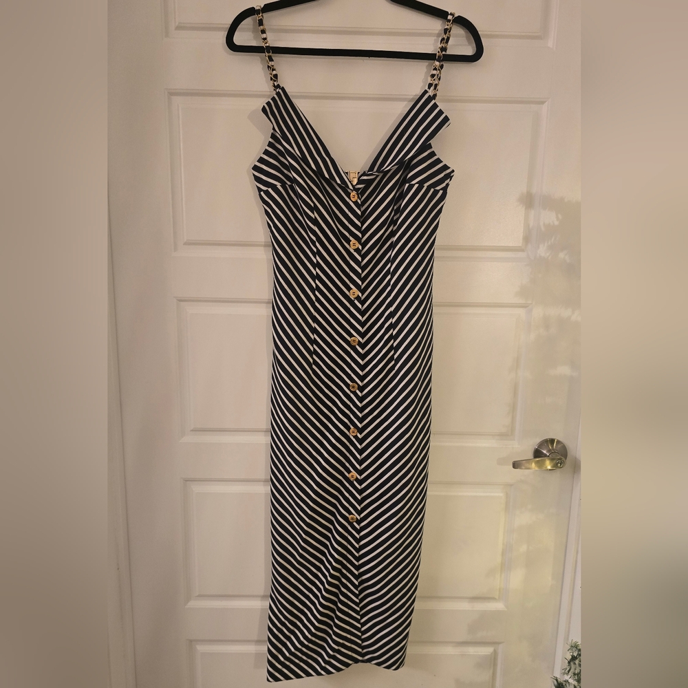 Nissa Striped Black and White Maxi Dress With Chain Details And Buckle Back